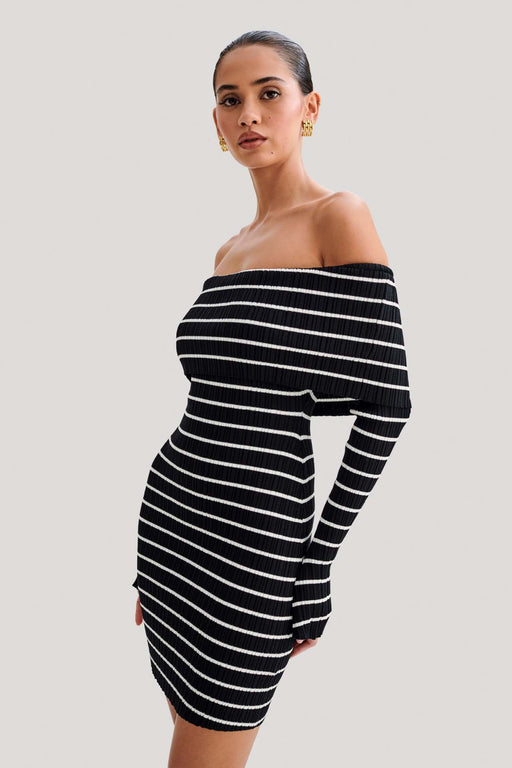 Beach Vacation Off Shoulder Striped Long Sleeve Off Shoulder Collar Knit Casual Short Dress Women-Black-Fancey Boutique