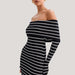 Beach Vacation Off Shoulder Striped Long Sleeve Off Shoulder Collar Knit Casual Short Dress Women-Black-Fancey Boutique