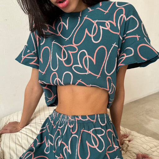 Color-Green-Summer Ladies Casual Printing Suit Ruffled Short Sleeve round Neck Shorts Pajamas Two Piece Set-Fancey Boutique