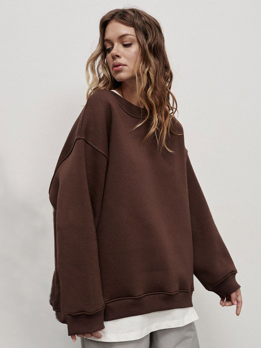 Round Neck Loose Sweatshirt Women Autumn Winter Street Solid Color Polar Fleece Pullover Sweater-Brown-Fancey Boutique