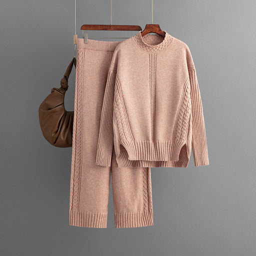 Color-Pink-Suit Women Autumn Winter Casual Solid Color Loose Knitted Mock Neck Sweater Two Piece Set-Fancey Boutique
