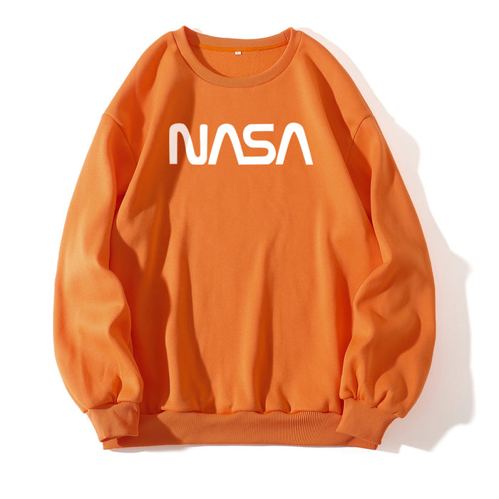 Color-Orange-Fleece Lined Crew Neck Sweater Women NASA Letter Graphic Print Fresh Casual Pullover Round Neck Long Sleeves T Shirt-Fancey Boutique