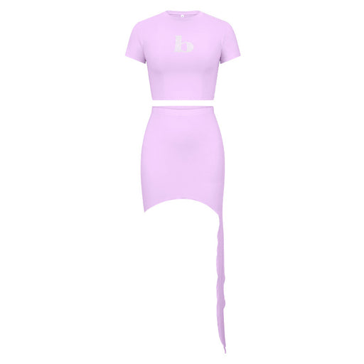 Color-Lavender-Women Clothing Spring Summer round Neck Rhinestone Letters Irregular Asymmetric Sexy Hip Skirt Casual Set-Fancey Boutique