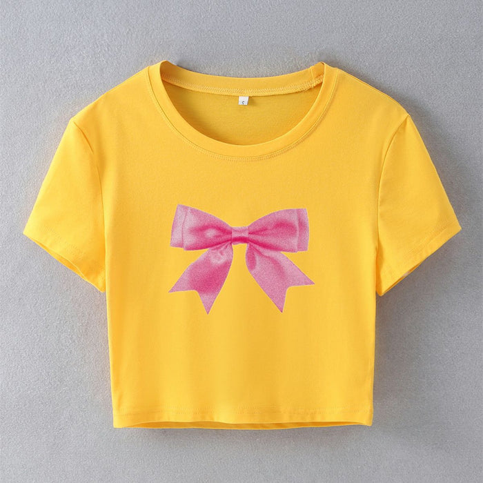 Color-Yellow-Street Internet Influencer Fashionmonger Bow Short Slim Short Sleeve T shirt Women Spring Summer-Fancey Boutique