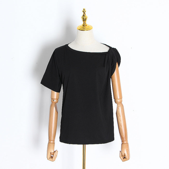 Color-Black-Special Solid Color T shirt Autumn Irregular Asymmetric Shoulder Twist Design round Neck Pullover Cotton Short Sleeve-Fancey Boutique