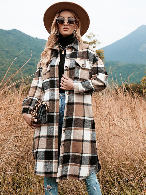 Color-Khaki-Autumn Winter Women Plaid Trench Coat-Fancey Boutique