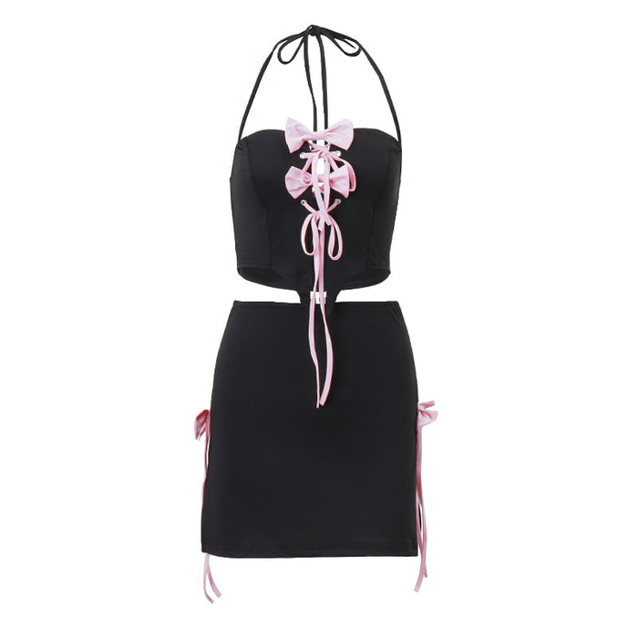 Color-Black-Summer Women Sweet Spicy Halter Bow Decorative Lace Up Vest Side Open Skirt Set Women-Fancey Boutique