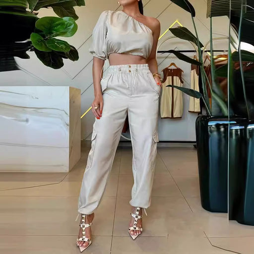 Women Clothing Casual Solid Color One Shoulder Solid Color Two Piece Set-White-Fancey Boutique