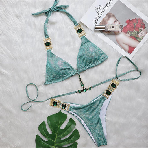Color-Green-Sexy Crystal Diamond Bikini Strap Women Split Swimsuit Beach Swimsuit-Fancey Boutique