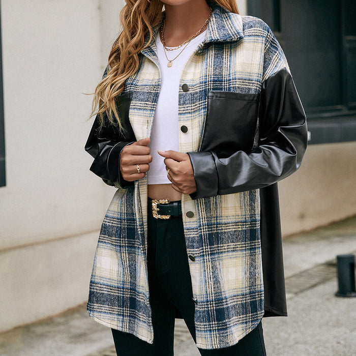 Color-Navy Blue-Loose Plaid Color Matching Shirt Casual Double Pocket Plaid Faux Leather Stitching Shacket Women-Fancey Boutique