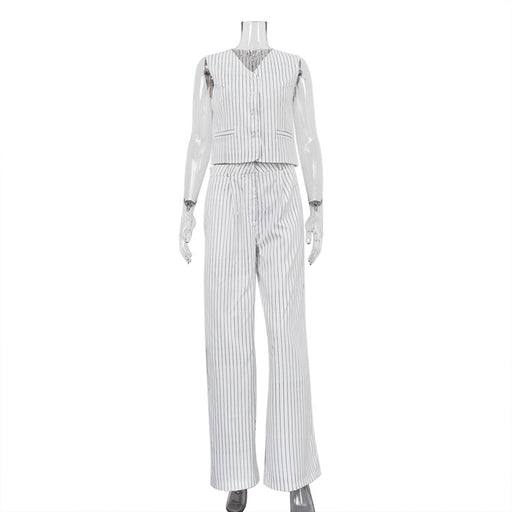 Striped Vest Trousers Summer Women Casual Wear Office Two Piece Set-White-Fancey Boutique