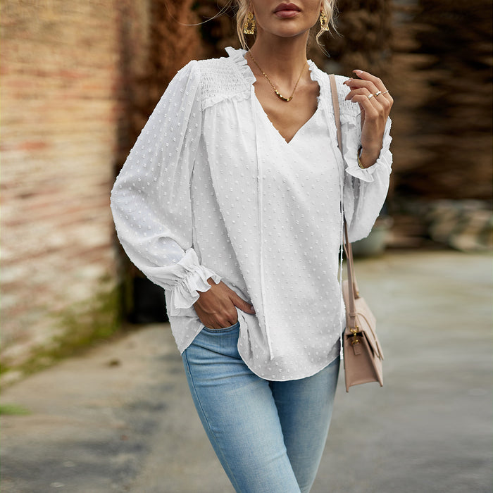 Color-White-Jacquard Shirt Women Autumn Elegant V neck Long Sleeve Top-Fancey Boutique