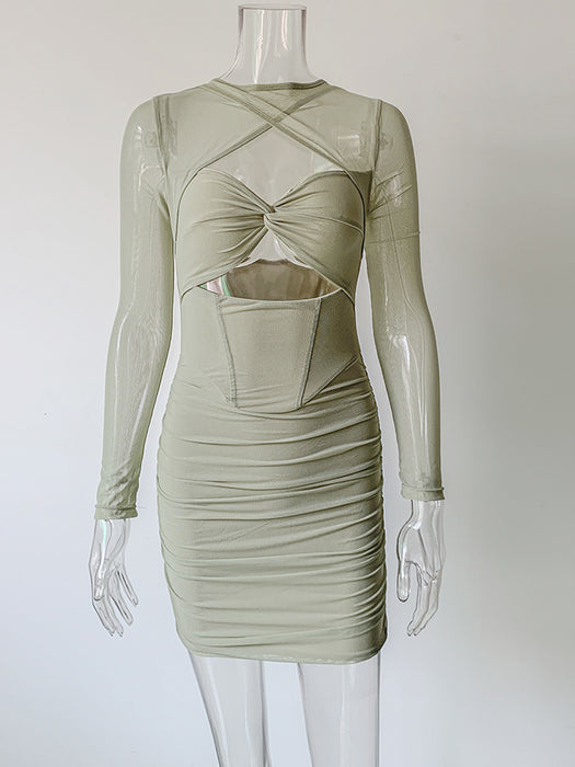 Sexy Sling Hollow Out Cutout Irregular Asymmetric Stitching Mesh Long Sleeve Hip Dress Long Sleeve Dress-Army Green-Fancey Boutique