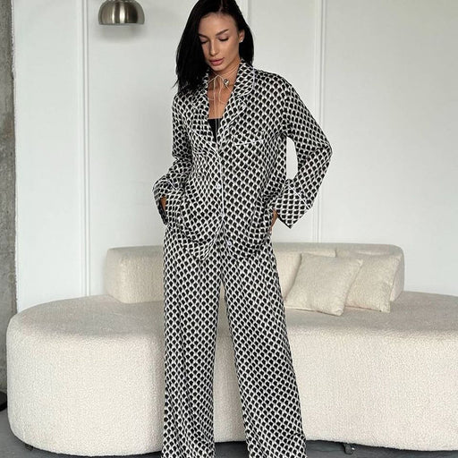 Autumn Autumn Warm Plaid Long Sleeved Trousers Two Piece Set High Sense Imitated Silk Pajamas Women-Black-Fancey Boutique