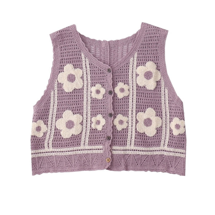 Color-Purple-Autumn Fashionable Cardigan Chessboard Plaid V neck Knitted Thin Vest Vest Coat Women-Fancey Boutique