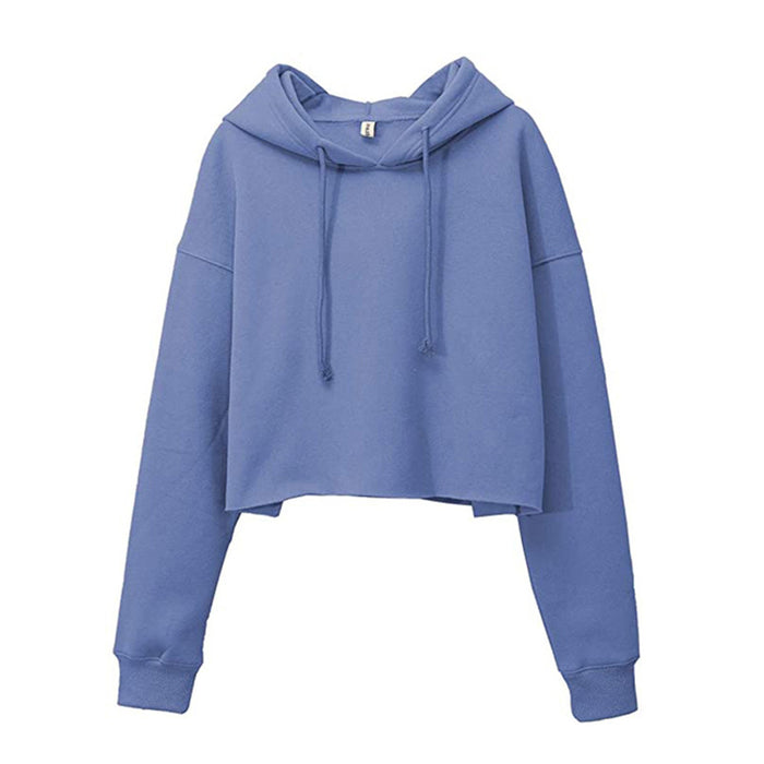 Women Sports Sweater Autumn Winter Fleece-Lined Pullover Hoodie Personalized Bare Cropped Long Sleeved Top-Blue-Fancey Boutique