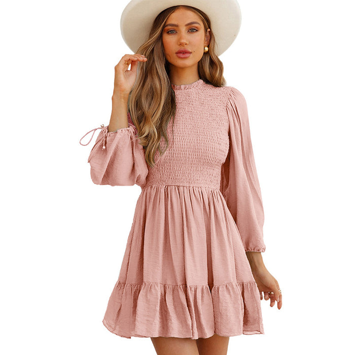 Color-Pink-Solid Color Knee Length Autumn Long Sleeve Waist Tight Smocking Stringy Selvedge Dress-Fancey Boutique