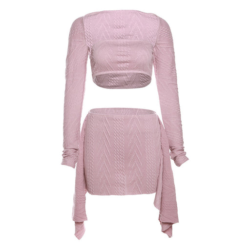 Color-Pink-Women Clothing Autumn Winter Sexy Tube Top Solid Color Long Sleeve Blouse Knitted Skirt Outfit-Fancey Boutique