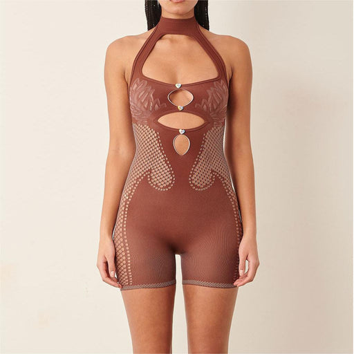 Solid Color Halter Sleeveless Backless Casual Sexy Slim Hollow Out Cutout One Piece Knitted Short-Brown-Fancey Boutique