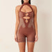 Solid Color Halter Sleeveless Backless Casual Sexy Slim Hollow Out Cutout One Piece Knitted Short-Brown-Fancey Boutique