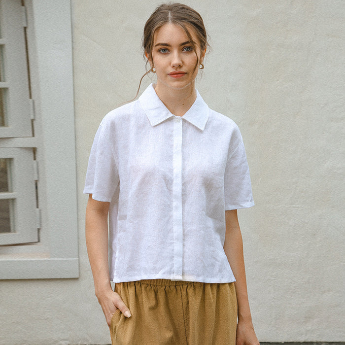 Texture Pure Linen Shirt Women French Minority Office All Matching Collared Short Sleeve Top-Fancey Boutique