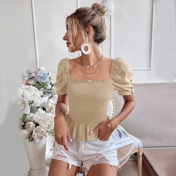 French Square Collar Easy Matching Waisted Puff Sleeve Top Summer Slimming Elegant T shirt Women-Fancey Boutique
