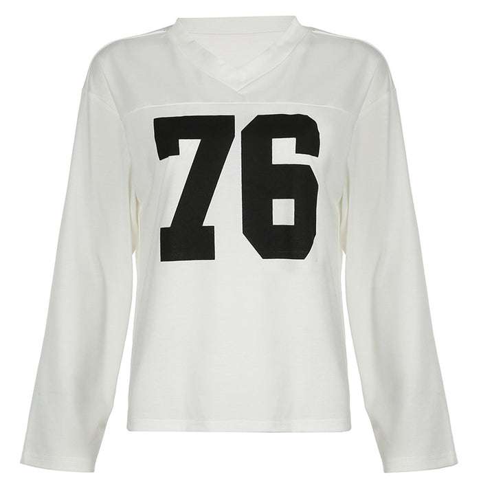 Street Digital Print Loose Small V neck Casual Long Sleeve Sexy Personality Sports All Match Top-White-Fancey Boutique