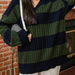 Autumn Women Wear Top Contrast Color V neck Loose Fitting Long Sleeve Sweater Women-blackish green-Fancey Boutique