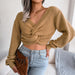 Color-Khaki-Autumn Winter Long-Sleeved Knotted cropped Knitted Sweater Women Clothing-Fancey Boutique