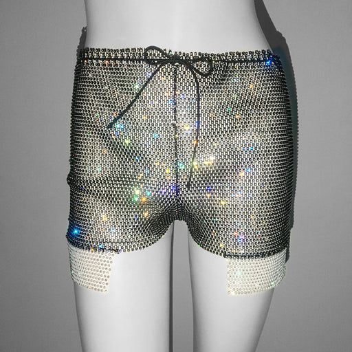 Color-Black-Drawstring High Waist Super Short Shorts Sexy Casual All Matching Pants Rhinestone Fishnet Shorts-Fancey Boutique
