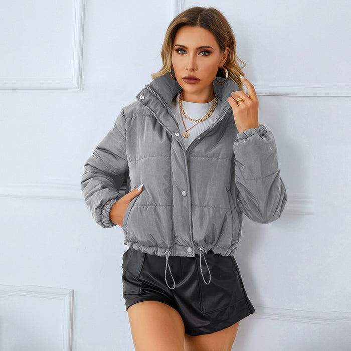 Color-Gray-Autumn Winter Women Cotton Padded Jacket Stand Collar Zipper Button Cotton Clothing Cotton Coat Warm Quilted Jacket Coat-Fancey Boutique