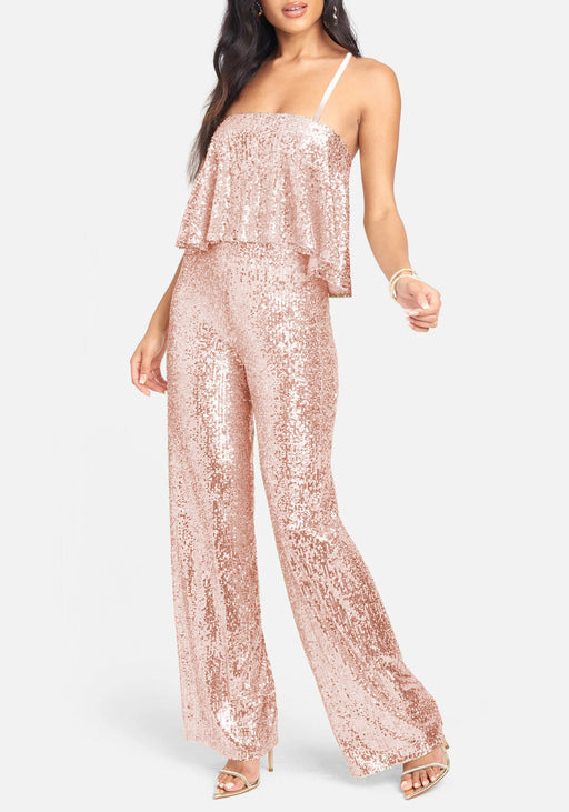 Color-Champagne Pink-Dress Jumpsuit Sequin Sling Long Cocktail Party Slim Fit Sheath Trousers-Fancey Boutique