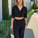 Color-Black-Summer Casual Straight Pants Suit Solid Color Pleated Short Sleeve V neck Lace up Top Trousers Two Piece Set-Fancey Boutique