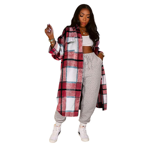 Color-Red-Women Clothing Nightclub Uniforms Pocket Plaid Long Shirt Coat-Fancey Boutique