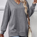 Color-Gray-Autumn Winter Women Clothing Sweater Solid Color V Neck Split Front Short Back Long Blouse-Fancey Boutique