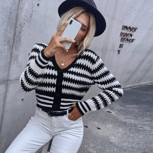 Color-Black-Autumn Winter Women Clothing Rhombus Stripe Single Breasted Women Knitted Sweater Cardigan for Women-Fancey Boutique