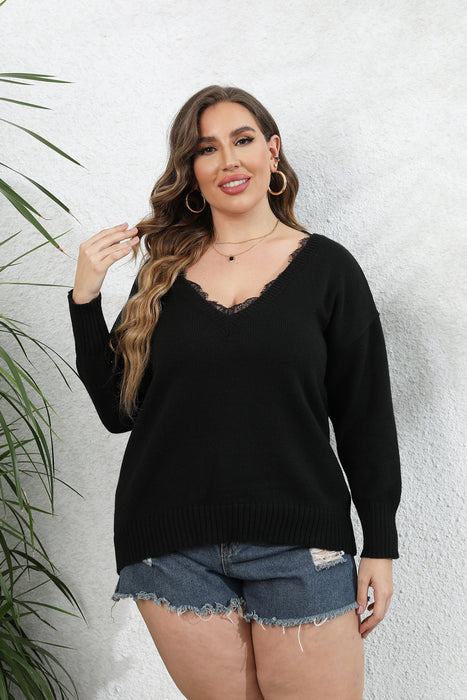 Color-Black-Women Autumn Winter Woven Top plus Size Women Clothes Lace Stitching V neck Pullover Sweater-Fancey Boutique