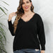 Color-Black-Women Autumn Winter Woven Top plus Size Women Clothes Lace Stitching V neck Pullover Sweater-Fancey Boutique