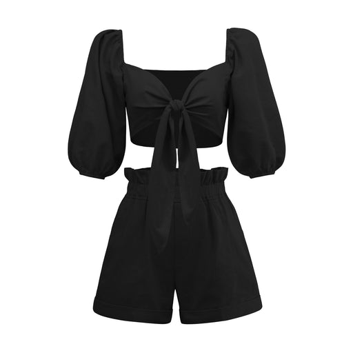 Solid Color Women Wear Lantern Half Sleeve Cardigan Wide Leg Pocket Shorts Casual Suit-Black-Fancey Boutique