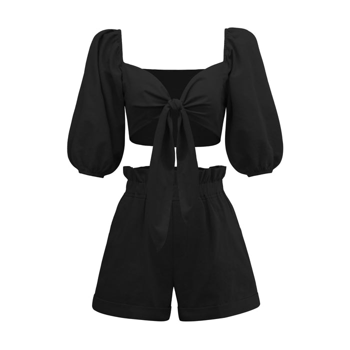 Solid Color Women Wear Lantern Half Sleeve Cardigan Wide Leg Pocket Shorts Casual Suit-Black-Fancey Boutique