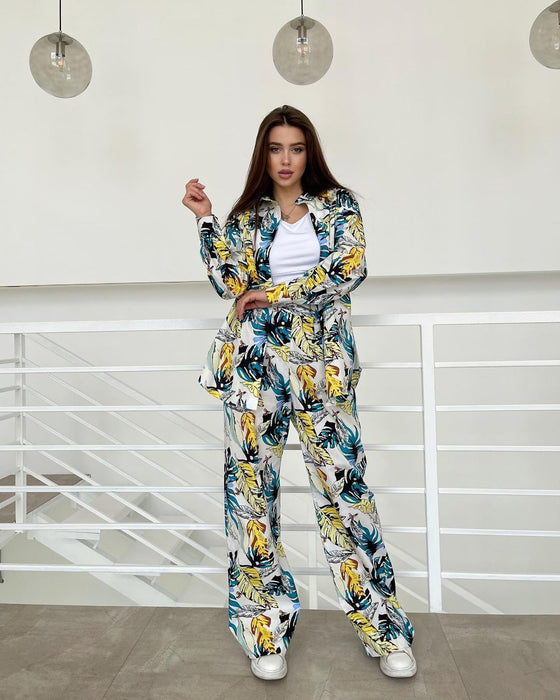 Printed Loose Top High Waist Wide Leg Pants Women Casual Sets-Yellow and Blue Printing-Fancey Boutique