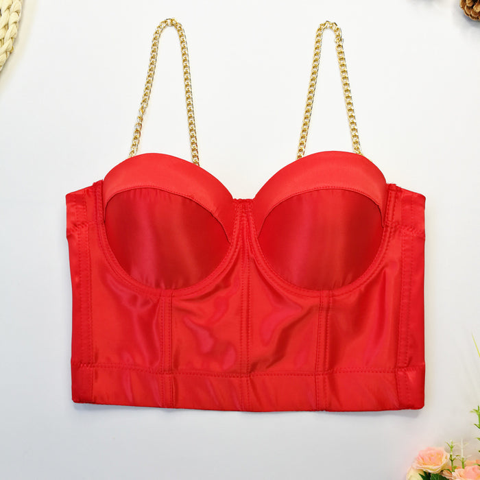 Acetate Satin Glossy Stretch Sling Basic Outer Wear Gold Necklace Shoulder Strap Shaping Corset Beauty Back Short Boning Corset Top-Red-Fancey Boutique