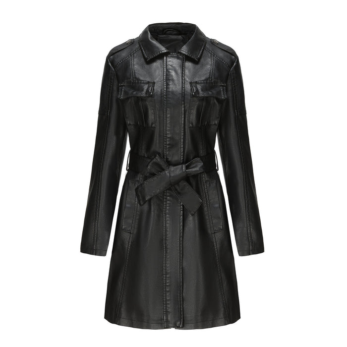 Color-Black-Mid Length Leather Coat With Belt Spring Autumn Long Sleeve Leather Wind Coat British Coat Women-Fancey Boutique