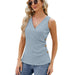 Summer Solid Color V neck Button Cinched Sleeveless Vest Top Ladies-Light Blue-Fancey Boutique