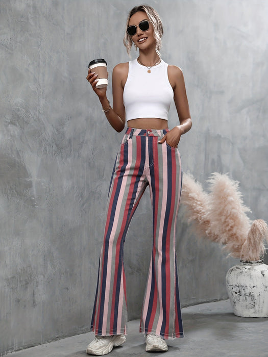 Spring Summer Striped Skinny Raw Edge Denim Casual Trousers Women-Fancey Boutique