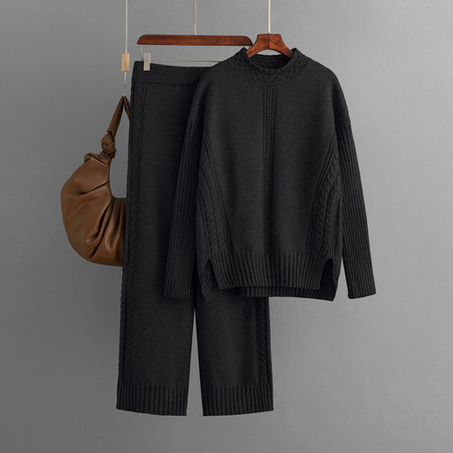Color-Black-Suit Women Autumn Winter Casual Solid Color Loose Knitted Mock Neck Sweater Two Piece Set-Fancey Boutique