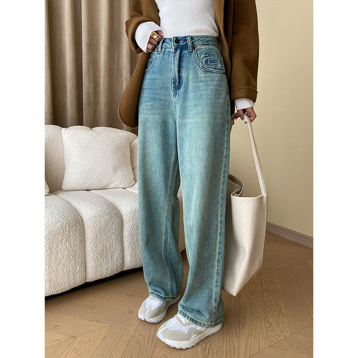 French Fashionable Letters Early Autumn Special Washed Straight Jeans Slim Wide Leg Pants-Fancey Boutique