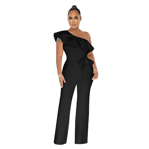 Color-Black-Women Clothing Solid Color Ruffles Jumpsuit Containing Belt-Fancey Boutique