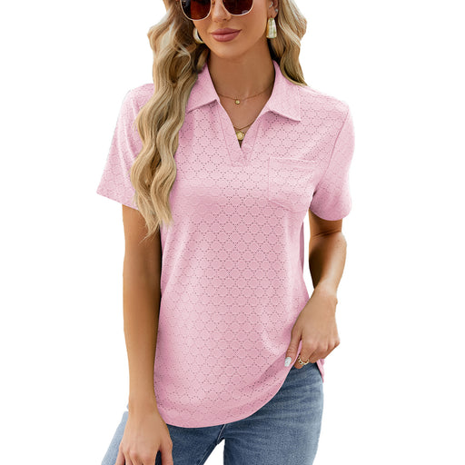Color-Pink-Spring Summer Solid Color Polo Collar Pocket Short Sleeve T shirt Loose Top for Women-Fancey Boutique