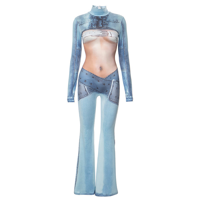 Color-Blue-Women Clothing Autumn Winter Imitation Denim Body Print Long Sleeve Turtleneck Horn One Piece Trousers-Fancey Boutique